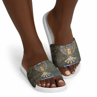 Khepri Ancient Egyptian Slide Sandals Dark Hieroglyphic, Blue Lotus Eye Symbol, and Winged Scarab Resurrection - Wonder Print Shop