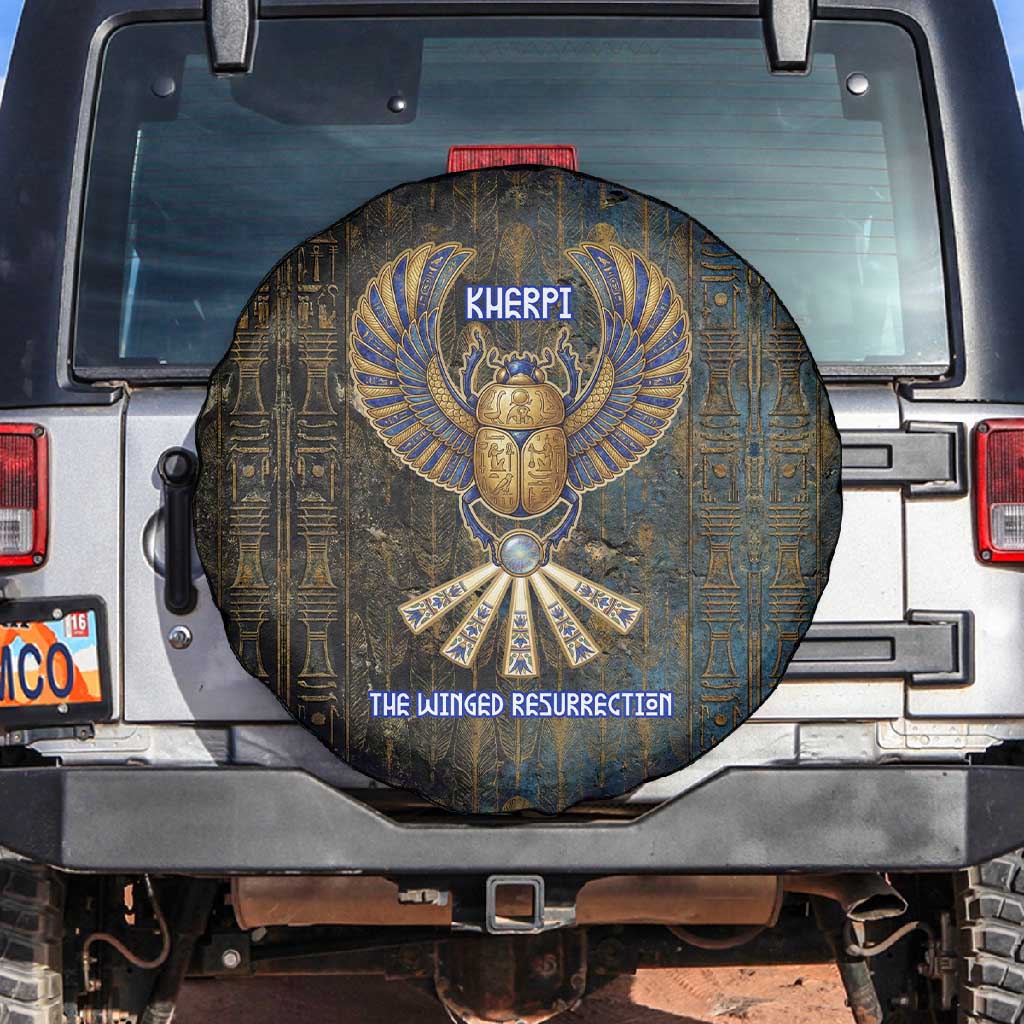 Khepri Ancient Egyptian Spare Tire Cover Dark Hieroglyphic, Blue Lotus Eye Symbol, and Winged Scarab Resurrection - Wonder Print Shop