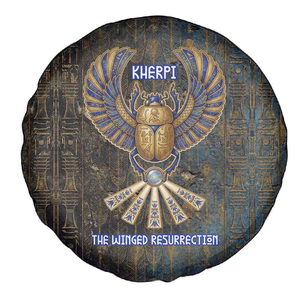 Khepri Ancient Egyptian Spare Tire Cover Dark Hieroglyphic, Blue Lotus Eye Symbol, and Winged Scarab Resurrection - Wonder Print Shop