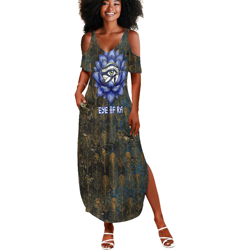 Khepri Ancient Egyptian Summer Maxi Dress Dark Hieroglyphic, Blue Lotus Eye Symbol, and Winged Scarab Resurrection - Wonder Print Shop