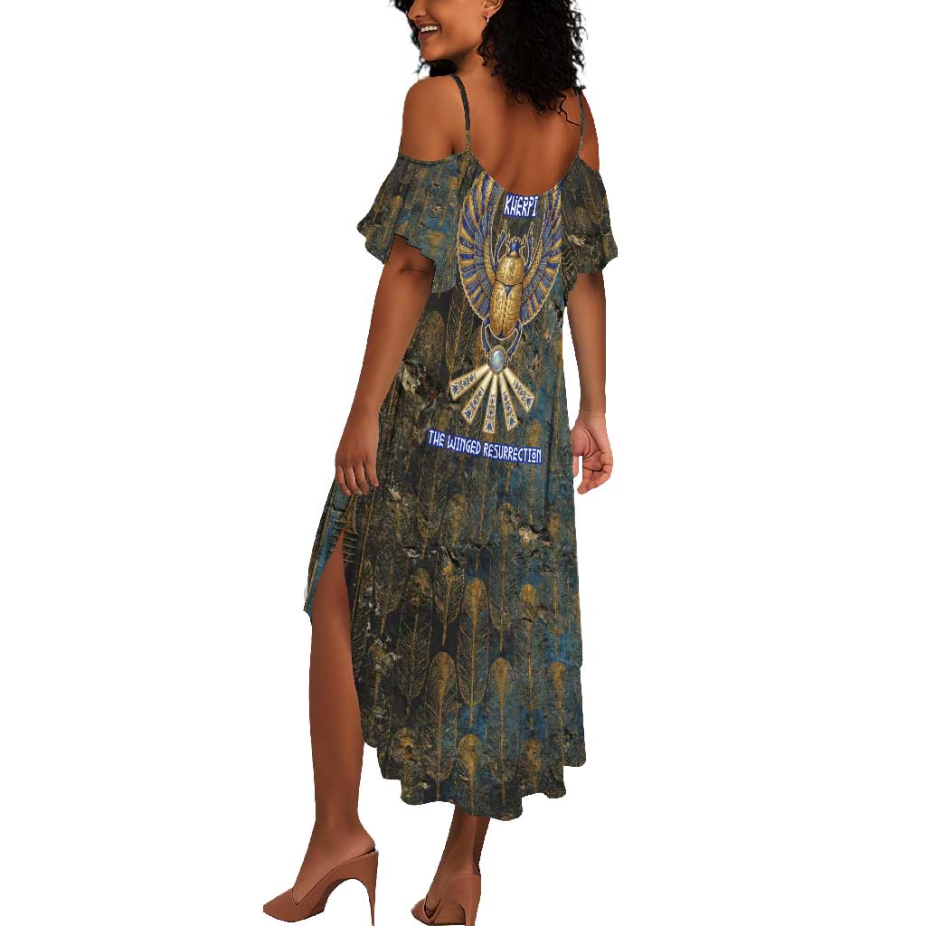Khepri Ancient Egyptian Summer Maxi Dress Dark Hieroglyphic, Blue Lotus Eye Symbol, and Winged Scarab Resurrection - Wonder Print Shop