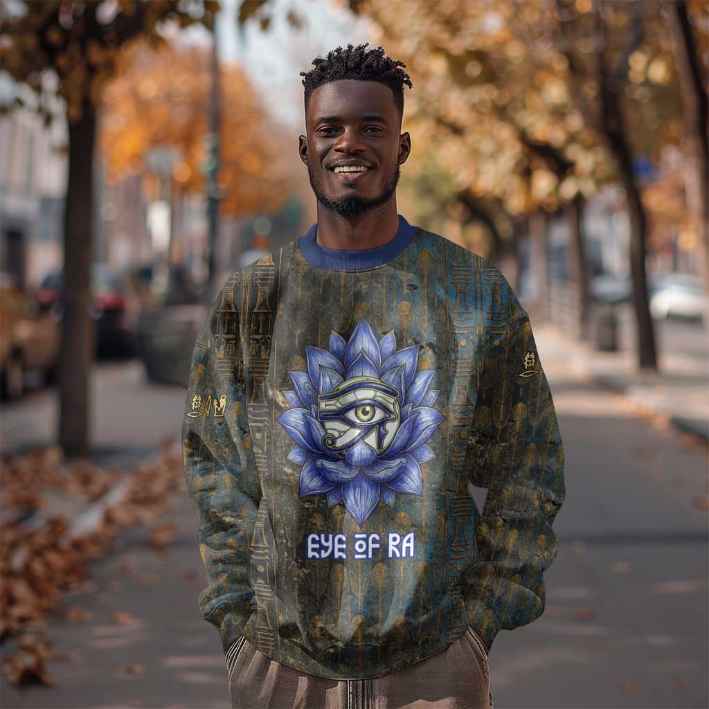 Khepri Ancient Egyptian Sweatshirt Dark Hieroglyphic, Blue Lotus Eye Symbol, and Winged Scarab Resurrection - Wonder Print Shop