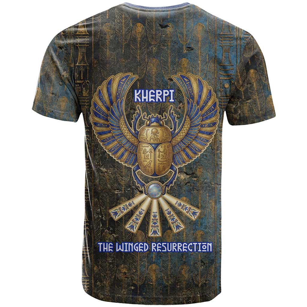 Khepri Ancient Egyptian T shirt Dark Hieroglyphic, Blue Lotus Eye Symbol, and Winged Scarab Resurrection - Wonder Print Shop