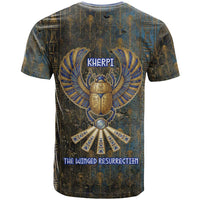 Khepri Ancient Egyptian T shirt Dark Hieroglyphic, Blue Lotus Eye Symbol, and Winged Scarab Resurrection - Wonder Print Shop