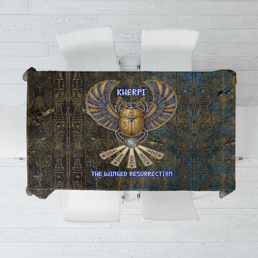 Khepri Ancient Egyptian Tablecloth Dark Hieroglyphic, Blue Lotus Eye Symbol, and Winged Scarab Resurrection - Wonder Print Shop