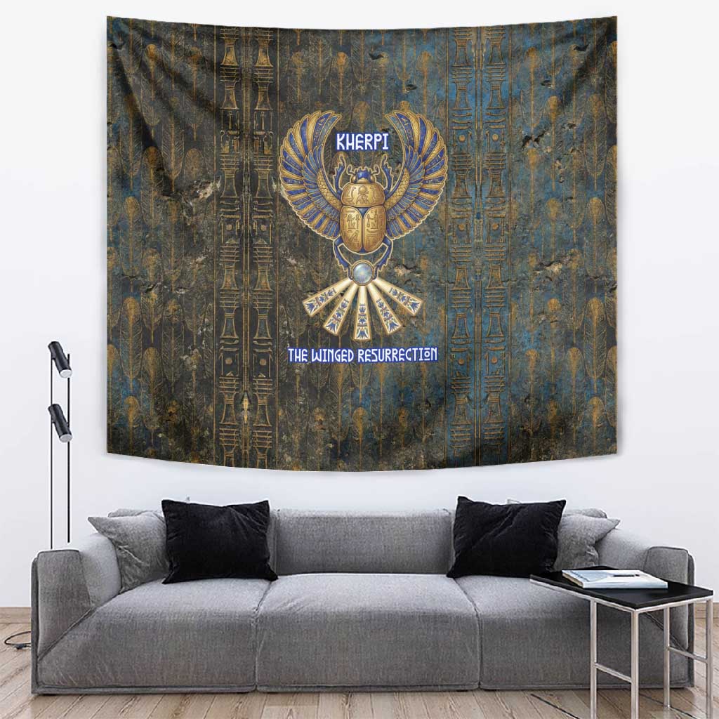 Khepri Ancient Egyptian Tapestry Dark Hieroglyphic, Blue Lotus Eye Symbol, and Winged Scarab Resurrection - Wonder Print Shop