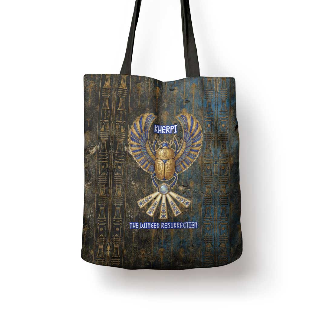 Khepri Ancient Egyptian Tote Bag Dark Hieroglyphic, Blue Lotus Eye Symbol, and Winged Scarab Resurrection - Wonder Print Shop