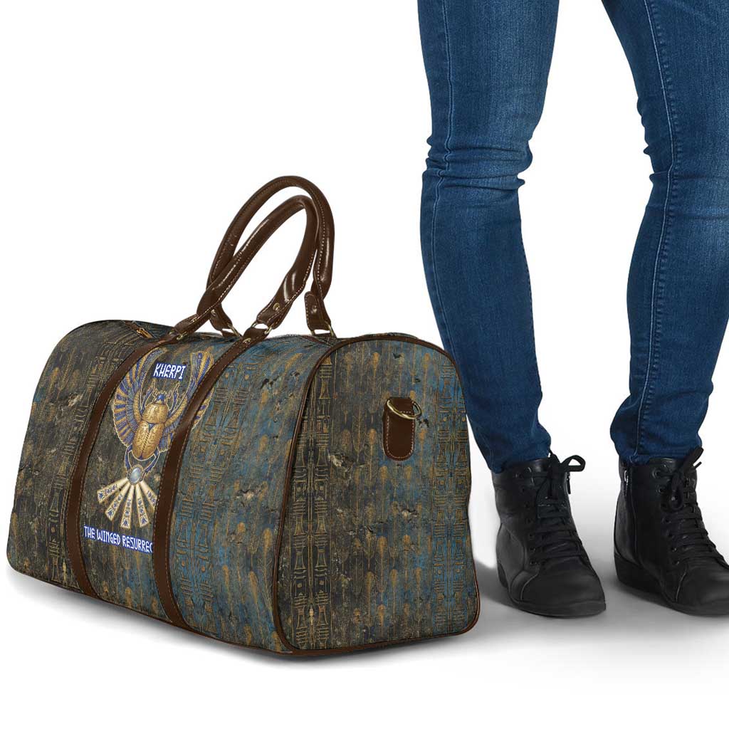 Khepri Ancient Egyptian Travel Bag Dark Hieroglyphic, Blue Lotus Eye Symbol, and Winged Scarab Resurrection - Wonder Print Shop