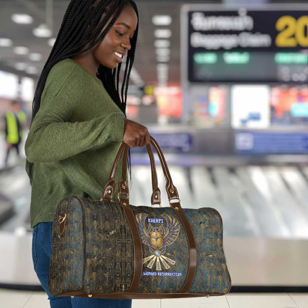 Khepri Ancient Egyptian Travel Bag Dark Hieroglyphic, Blue Lotus Eye Symbol, and Winged Scarab Resurrection - Wonder Print Shop