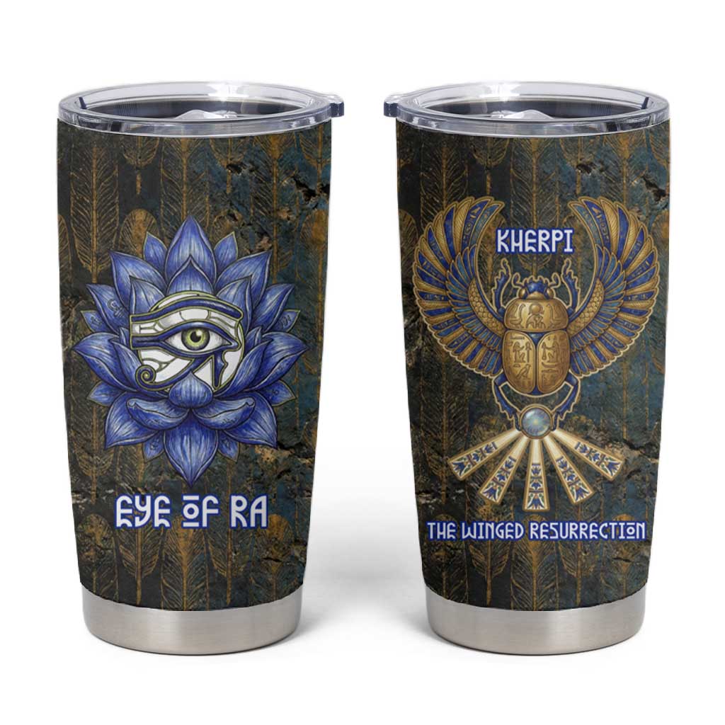 Khepri Ancient Egyptian Tumbler Cup Dark Hieroglyphic, Blue Lotus Eye Symbol, and Winged Scarab Resurrection - Wonder Print Shop