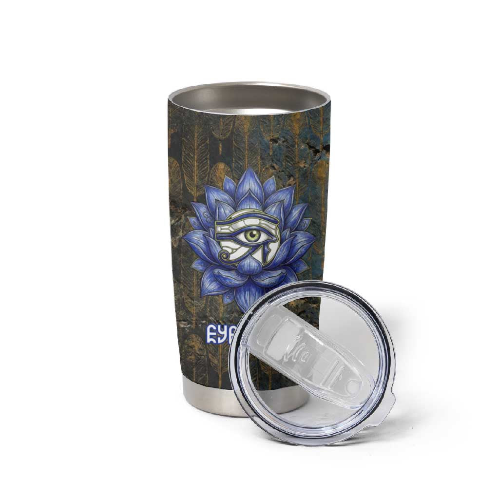 Khepri Ancient Egyptian Tumbler Cup Dark Hieroglyphic, Blue Lotus Eye Symbol, and Winged Scarab Resurrection - Wonder Print Shop