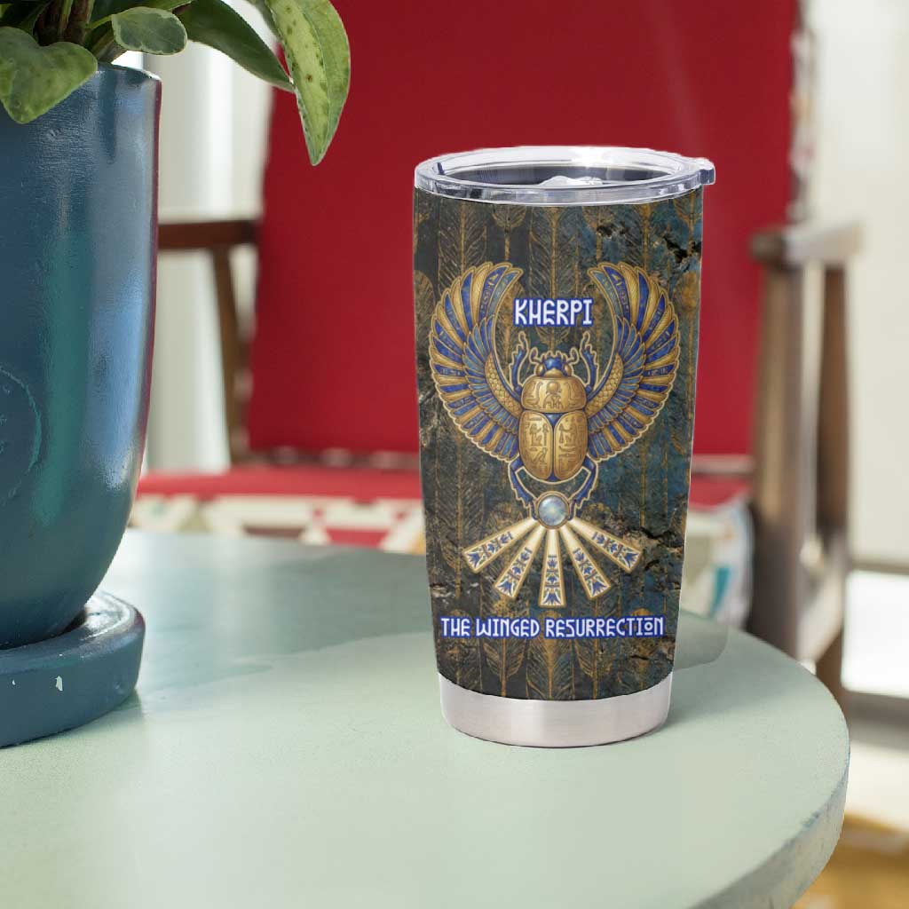 Khepri Ancient Egyptian Tumbler Cup Dark Hieroglyphic, Blue Lotus Eye Symbol, and Winged Scarab Resurrection - Wonder Print Shop