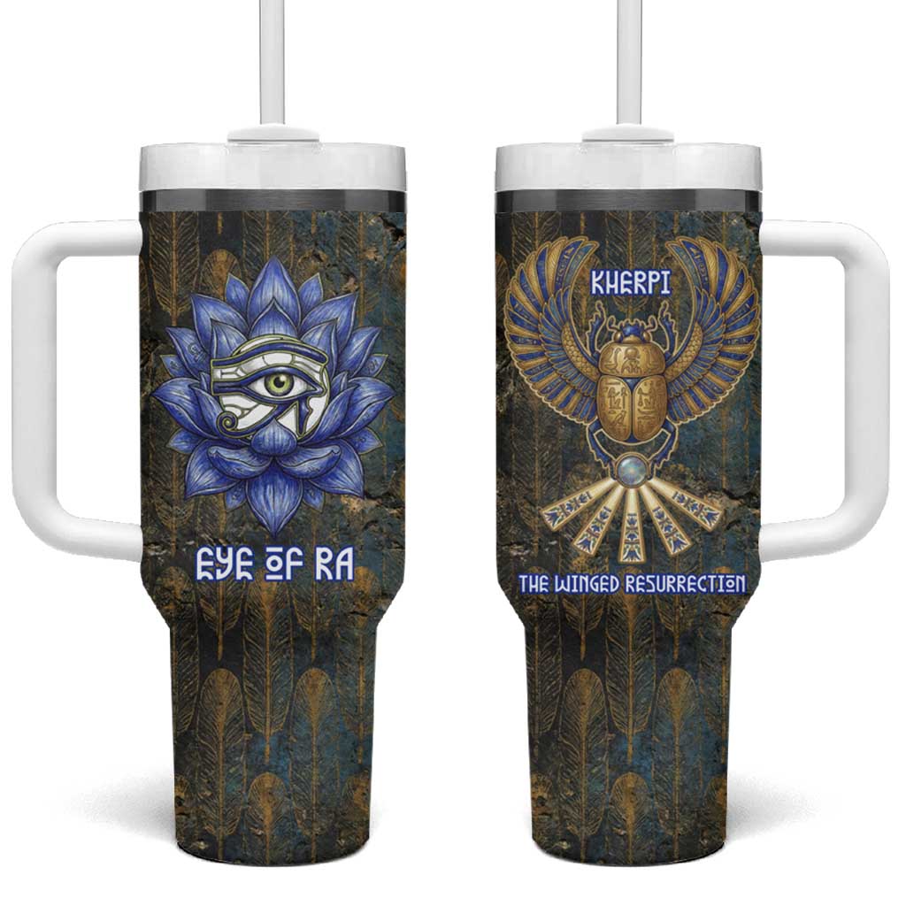 Khepri Ancient Egyptian Tumbler With Handle Dark Hieroglyphic, Blue Lotus Eye Symbol, and Winged Scarab Resurrection - Wonder Print Shop