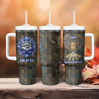 Khepri Ancient Egyptian Tumbler With Handle Dark Hieroglyphic, Blue Lotus Eye Symbol, and Winged Scarab Resurrection - Wonder Print Shop