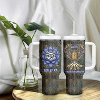 Khepri Ancient Egyptian Tumbler With Handle Dark Hieroglyphic, Blue Lotus Eye Symbol, and Winged Scarab Resurrection - Wonder Print Shop