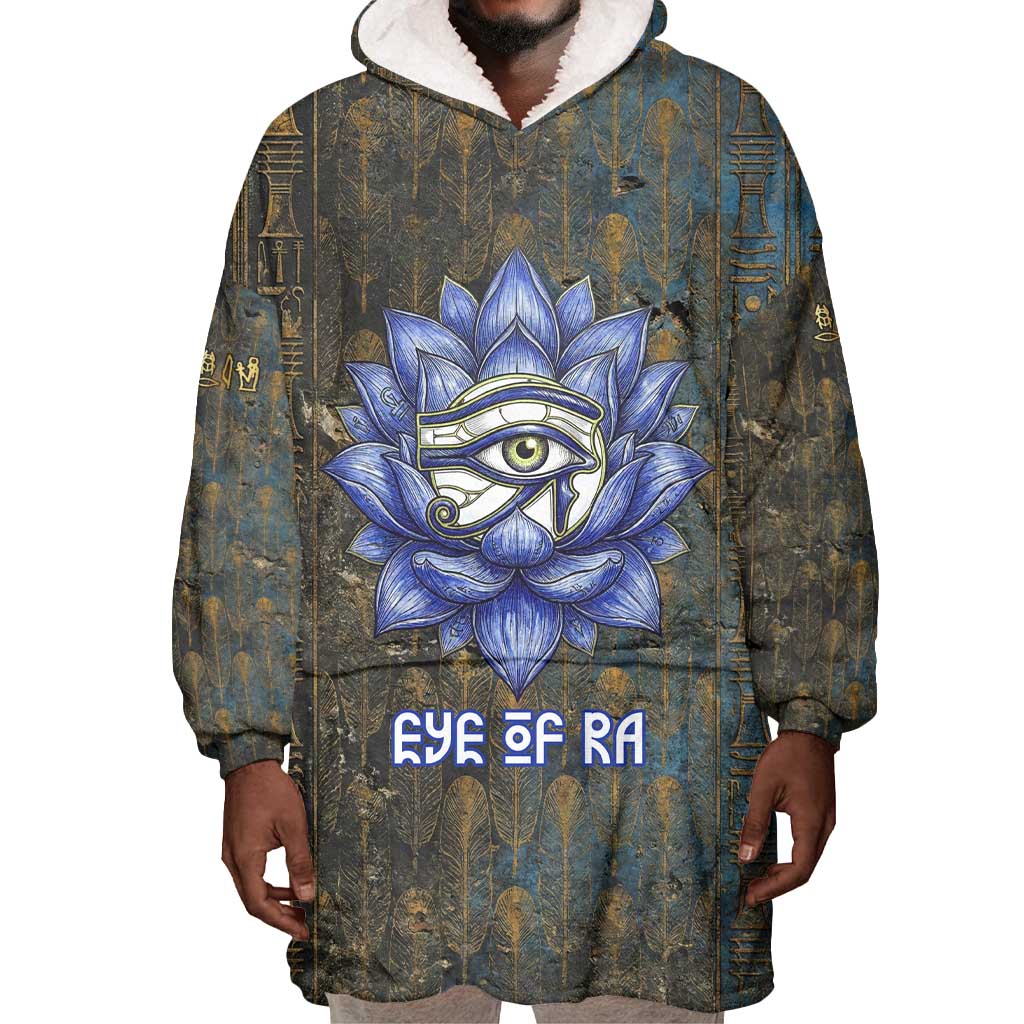 Khepri Ancient Egyptian Wearable Blanket Hoodie Dark Hieroglyphic, Blue Lotus Eye Symbol, and Winged Scarab Resurrection - Wonder Print Shop
