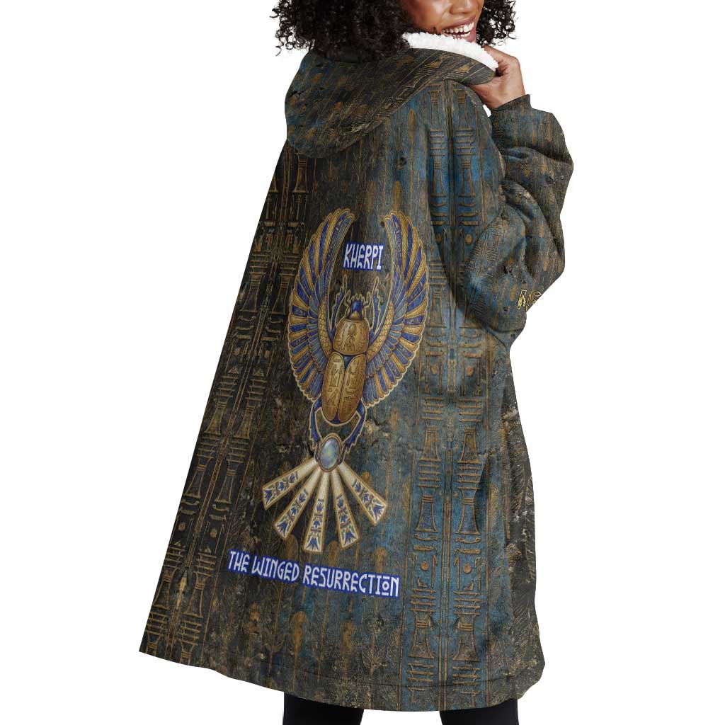 Khepri Ancient Egyptian Wearable Blanket Hoodie Dark Hieroglyphic, Blue Lotus Eye Symbol, and Winged Scarab Resurrection - Wonder Print Shop