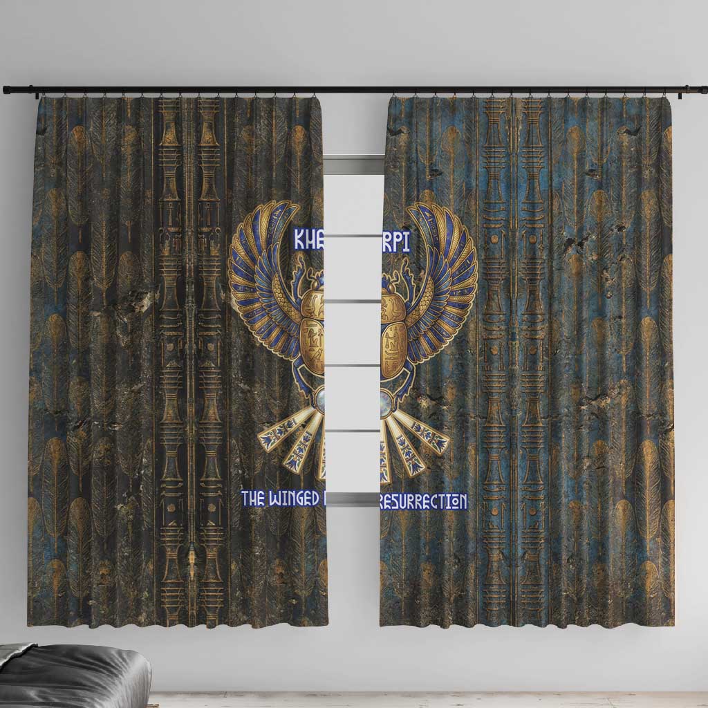 Khepri Ancient Egyptian Window Curtain Dark Hieroglyphic, Blue Lotus Eye Symbol, and Winged Scarab Resurrection - Wonder Print Shop