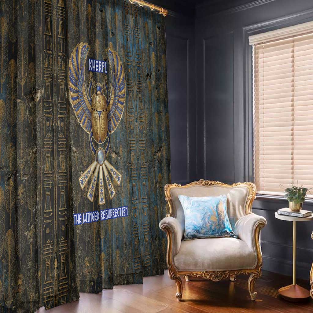 Khepri Ancient Egyptian Window Curtain Dark Hieroglyphic, Blue Lotus Eye Symbol, and Winged Scarab Resurrection - Wonder Print Shop
