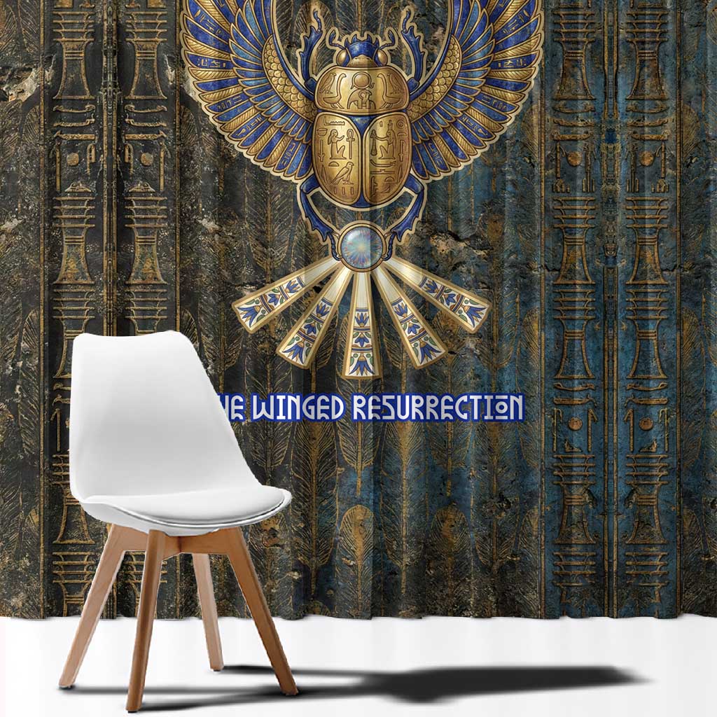 Khepri Ancient Egyptian Window Curtain Dark Hieroglyphic, Blue Lotus Eye Symbol, and Winged Scarab Resurrection - Wonder Print Shop