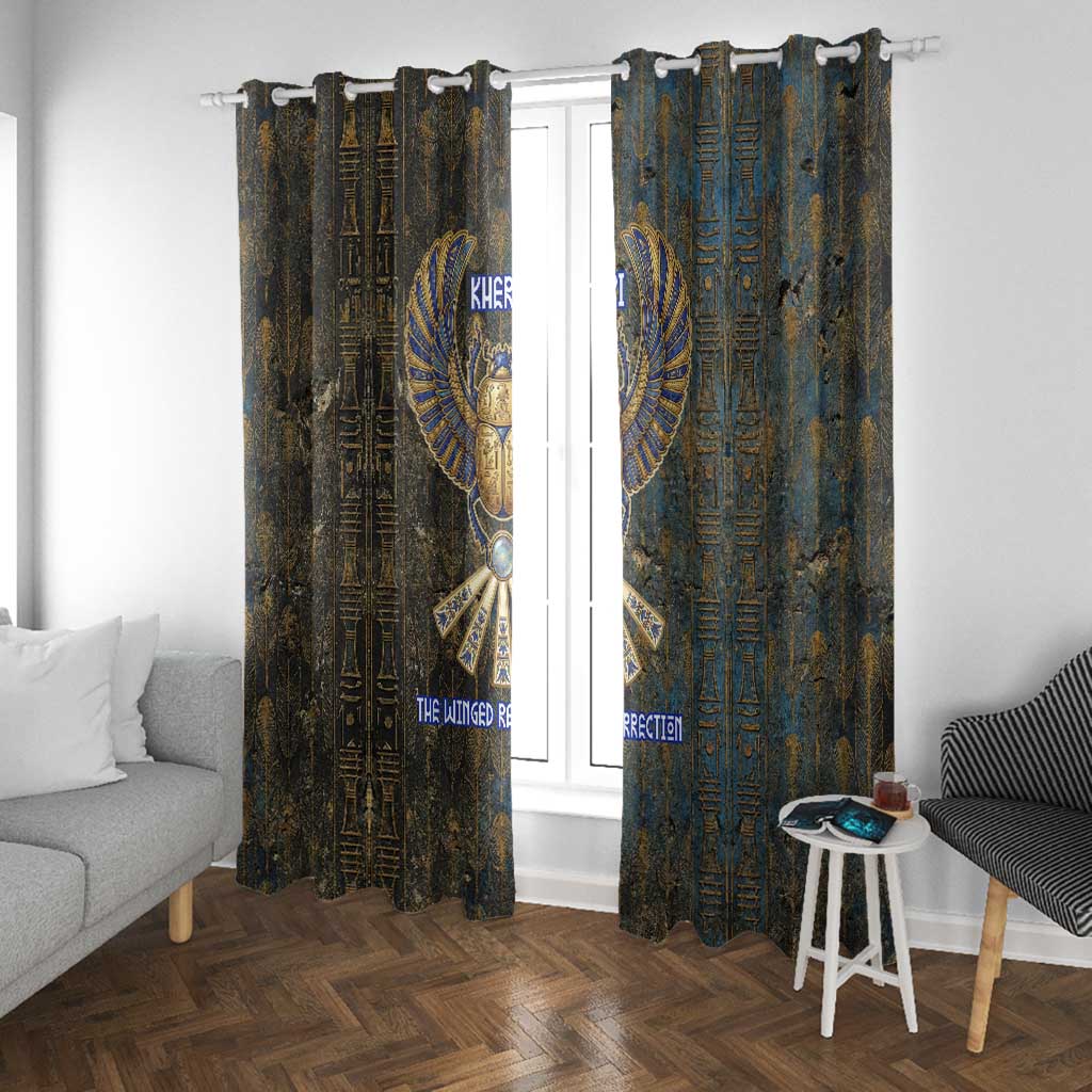 Khepri Ancient Egyptian Window Curtain Dark Hieroglyphic, Blue Lotus Eye Symbol, and Winged Scarab Resurrection - Wonder Print Shop