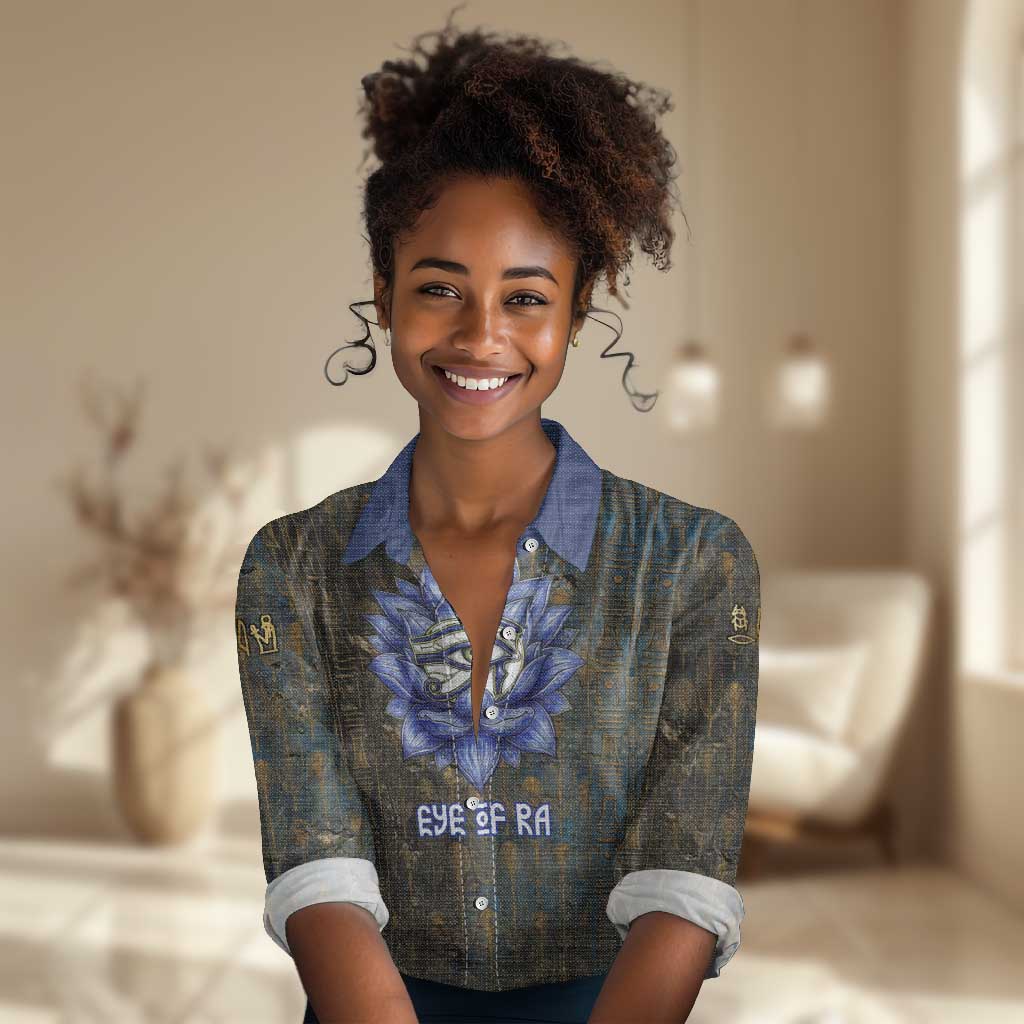 Khepri Ancient Egyptian Women Casual Shirt Dark Hieroglyphic, Blue Lotus Eye Symbol, and Winged Scarab Resurrection - Wonder Print Shop