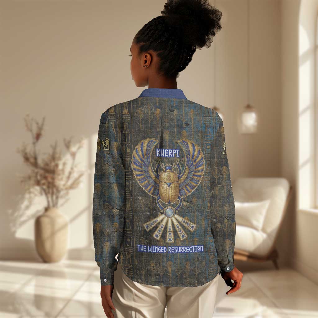 Khepri Ancient Egyptian Women Casual Shirt Dark Hieroglyphic, Blue Lotus Eye Symbol, and Winged Scarab Resurrection - Wonder Print Shop