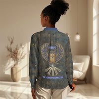 Khepri Ancient Egyptian Women Casual Shirt Dark Hieroglyphic, Blue Lotus Eye Symbol, and Winged Scarab Resurrection - Wonder Print Shop