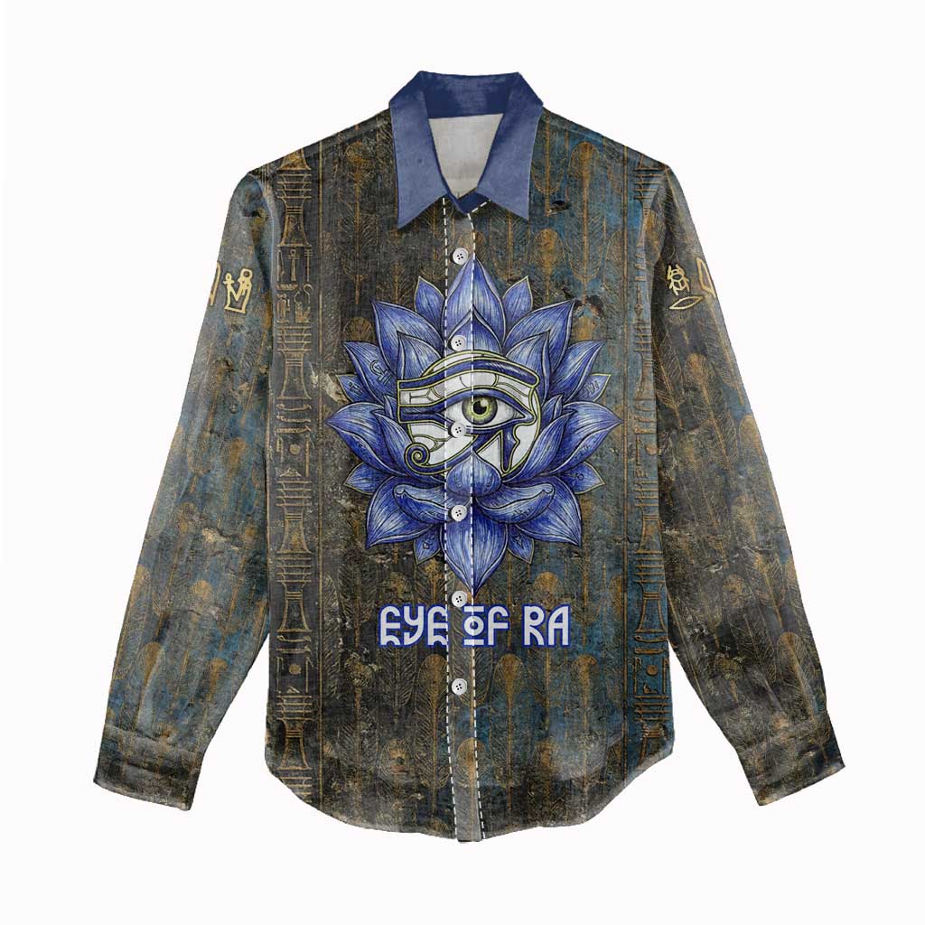Khepri Ancient Egyptian Women Casual Shirt Dark Hieroglyphic, Blue Lotus Eye Symbol, and Winged Scarab Resurrection - Wonder Print Shop