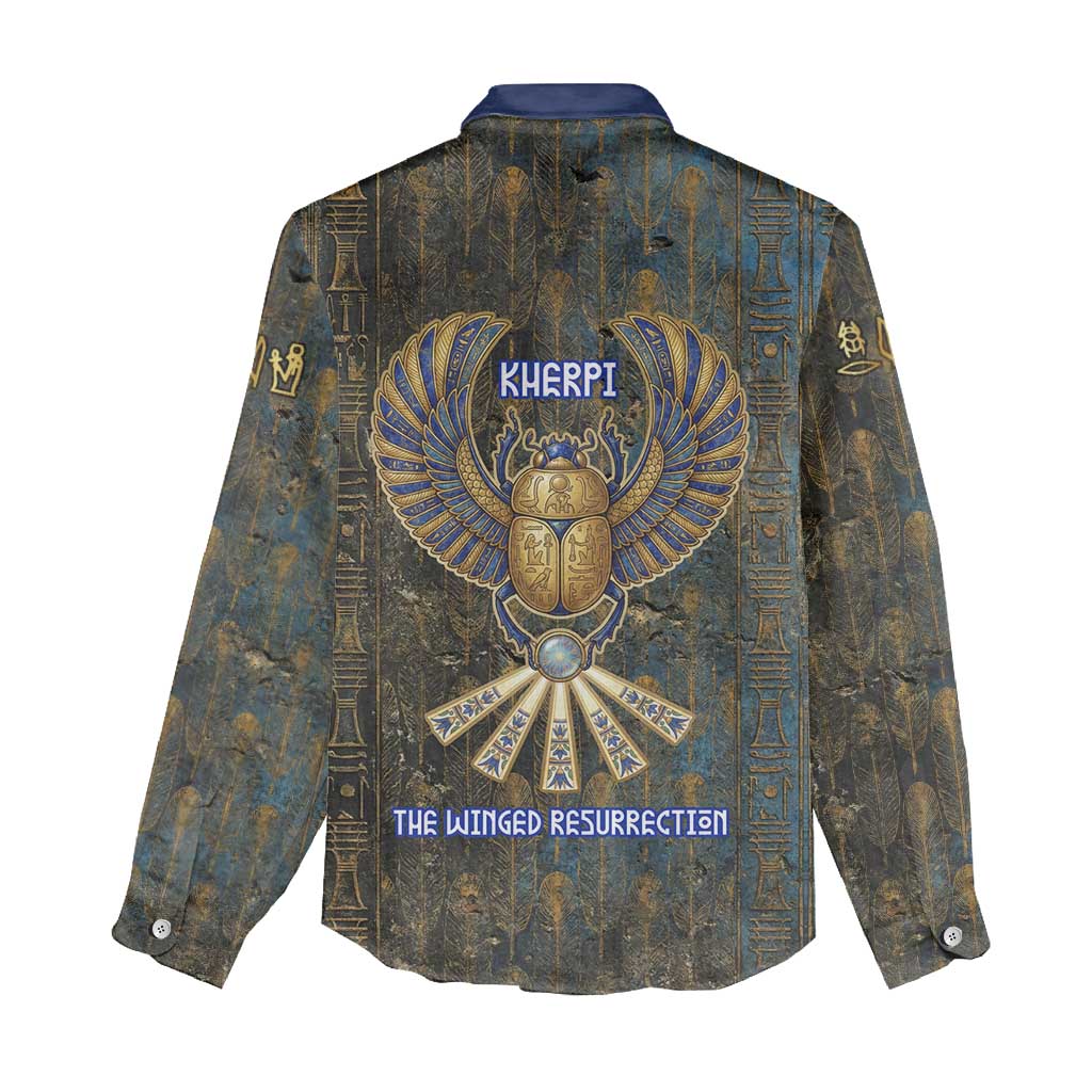 Khepri Ancient Egyptian Women Casual Shirt Dark Hieroglyphic, Blue Lotus Eye Symbol, and Winged Scarab Resurrection - Wonder Print Shop