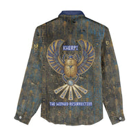 Khepri Ancient Egyptian Women Casual Shirt Dark Hieroglyphic, Blue Lotus Eye Symbol, and Winged Scarab Resurrection - Wonder Print Shop