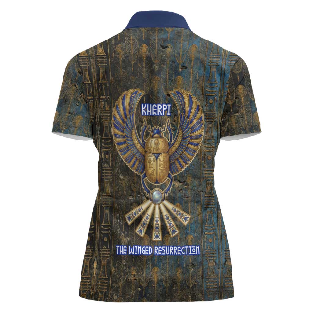 Khepri Ancient Egyptian Women Polo Shirt Dark Hieroglyphic, Blue Lotus Eye Symbol, and Winged Scarab Resurrection - Wonder Print Shop