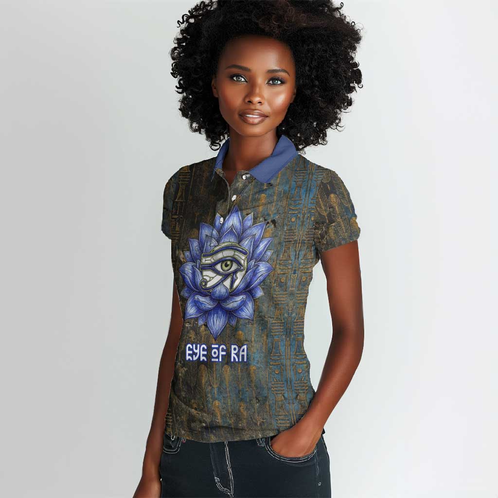 Khepri Ancient Egyptian Women Polo Shirt Dark Hieroglyphic, Blue Lotus Eye Symbol, and Winged Scarab Resurrection - Wonder Print Shop