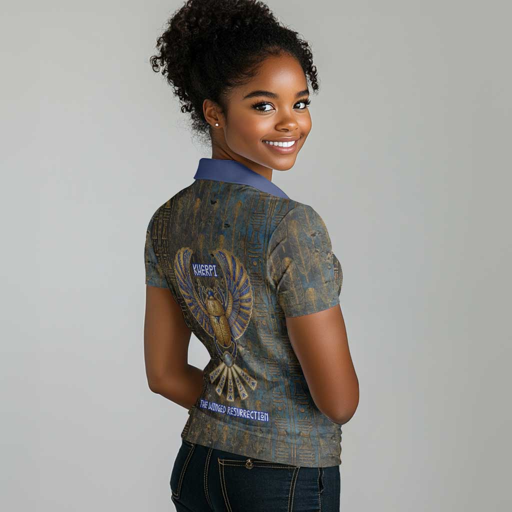 Khepri Ancient Egyptian Women Polo Shirt Dark Hieroglyphic, Blue Lotus Eye Symbol, and Winged Scarab Resurrection - Wonder Print Shop