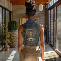 Khepri Ancient Egyptian Women Sleeveless Polo Shirt Dark Hieroglyphic, Blue Lotus Eye Symbol, and Winged Scarab Resurrection - Wonder Print Shop