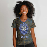 Khepri Ancient Egyptian Women V-Neck T-Shirt Dark Hieroglyphic, Blue Lotus Eye Symbol, and Winged Scarab Resurrection - Wonder Print Shop