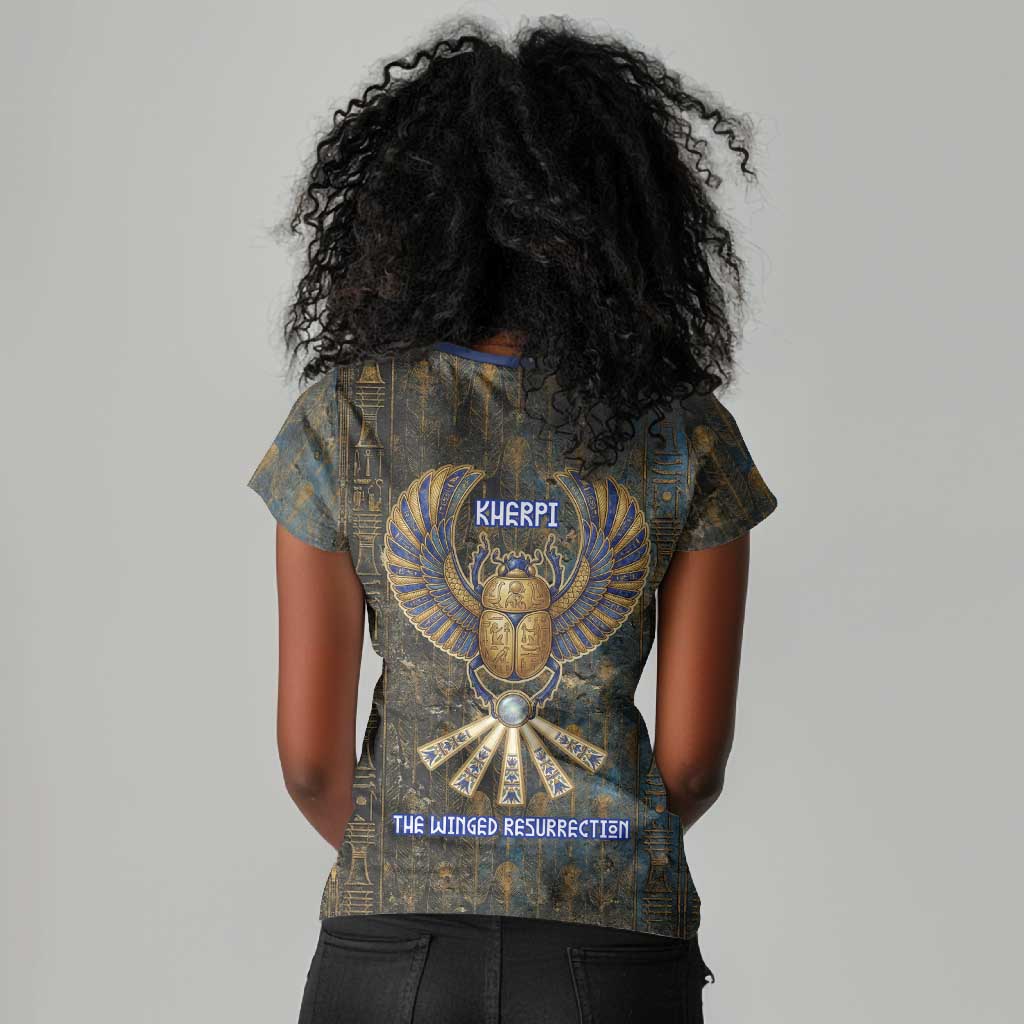 Khepri Ancient Egyptian Women V-Neck T-Shirt Dark Hieroglyphic, Blue Lotus Eye Symbol, and Winged Scarab Resurrection - Wonder Print Shop