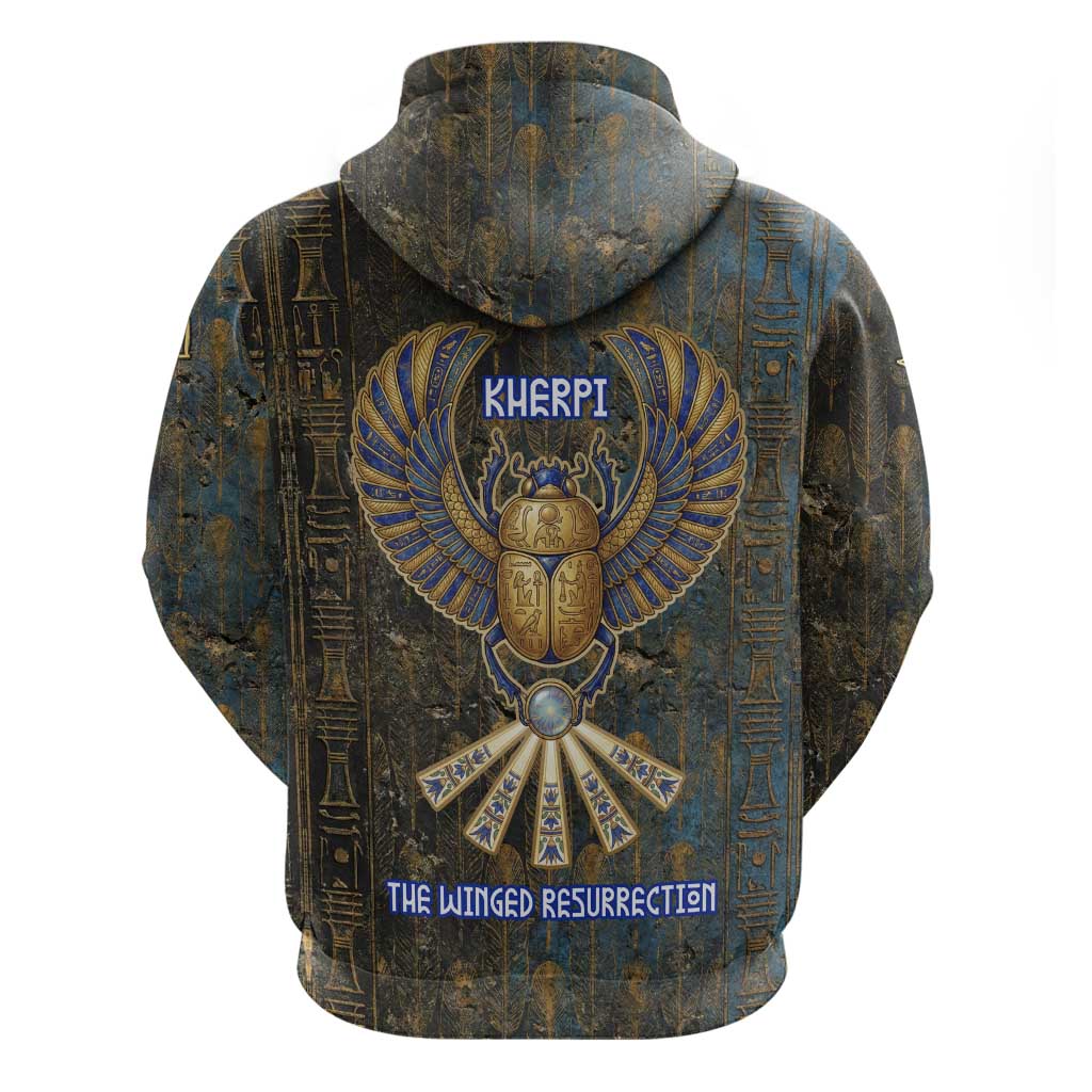 Khepri Ancient Egyptian Zip Hoodie Dark Hieroglyphic, Blue Lotus Eye Symbol, and Winged Scarab Resurrection - Wonder Print Shop