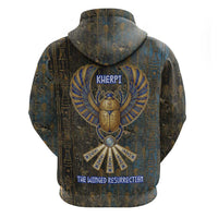 Khepri Ancient Egyptian Zip Hoodie Dark Hieroglyphic, Blue Lotus Eye Symbol, and Winged Scarab Resurrection - Wonder Print Shop