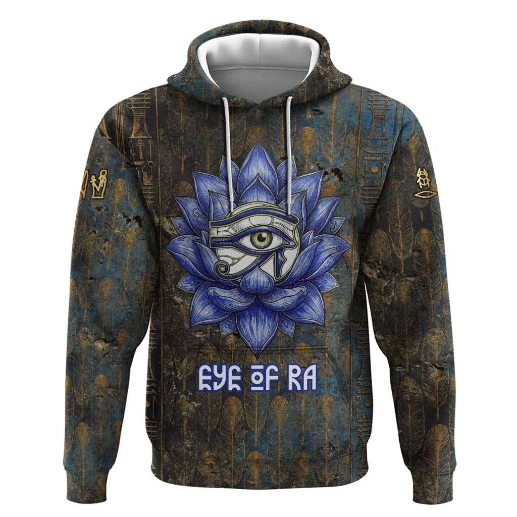 Khepri Ancient Egyptian Zip Hoodie Dark Hieroglyphic, Blue Lotus Eye Symbol, and Winged Scarab Resurrection - Wonder Print Shop