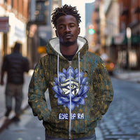 Khepri Ancient Egyptian Zip Hoodie Dark Hieroglyphic, Blue Lotus Eye Symbol, and Winged Scarab Resurrection - Wonder Print Shop