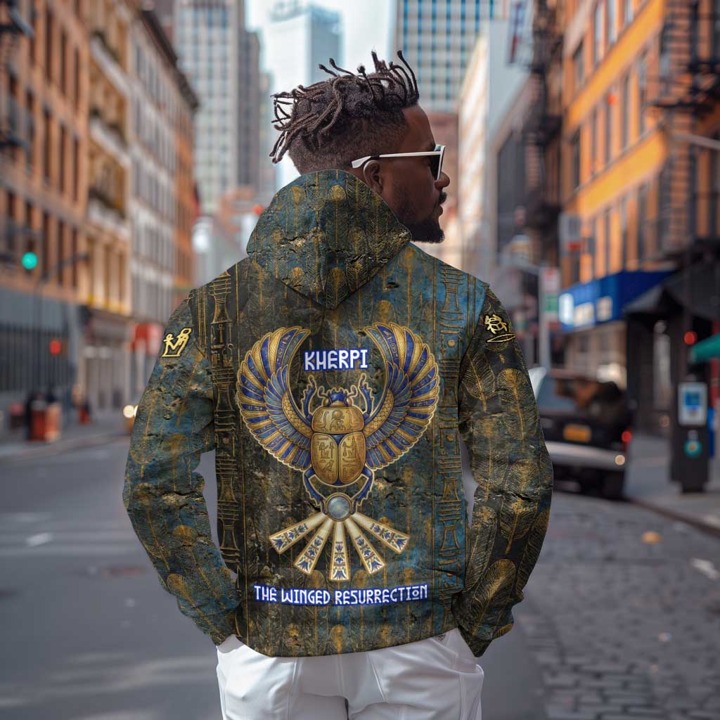 Khepri Ancient Egyptian Zip Hoodie Dark Hieroglyphic, Blue Lotus Eye Symbol, and Winged Scarab Resurrection - Wonder Print Shop