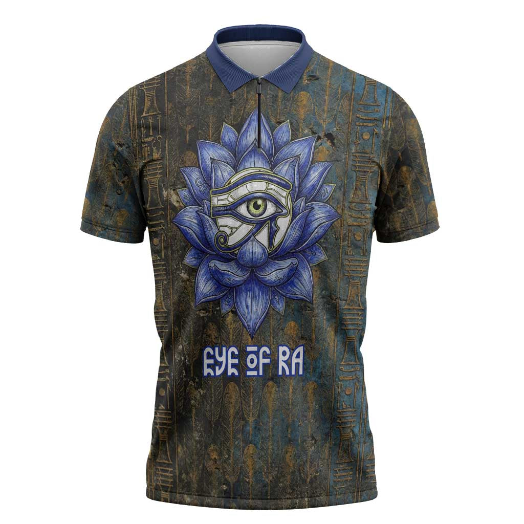 Khepri Ancient Egyptian Zipper Polo Shirt Dark Hieroglyphic, Blue Lotus Eye Symbol, and Winged Scarab Resurrection - Wonder Print Shop