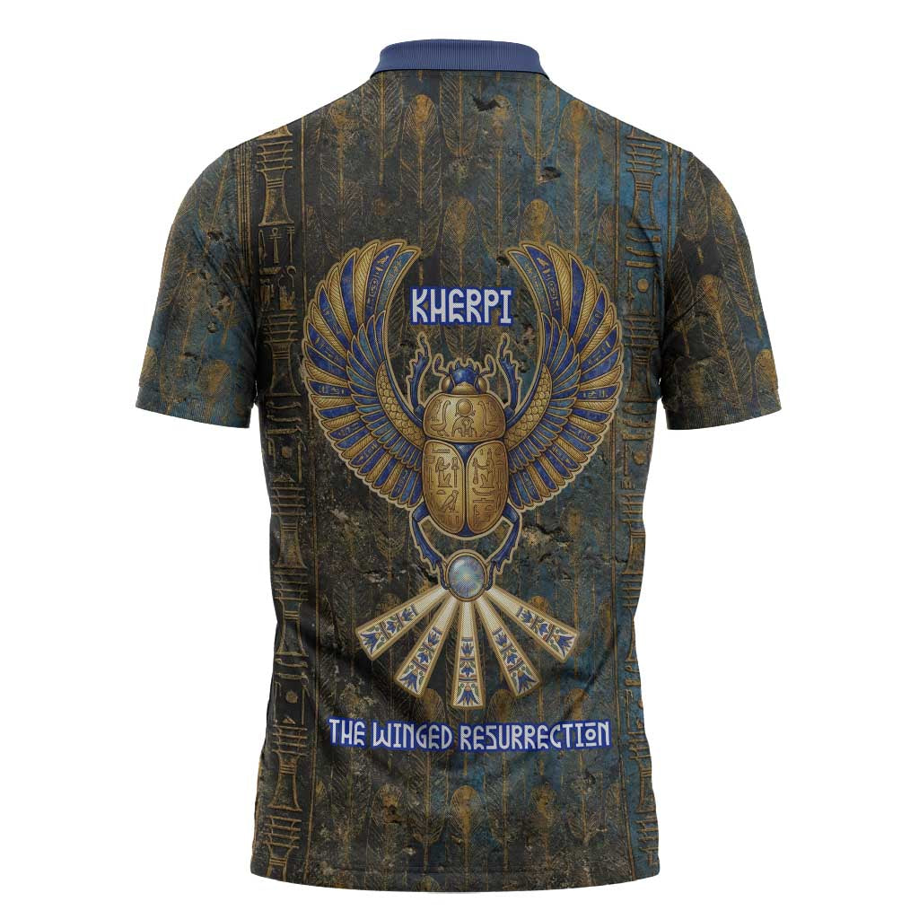 Khepri Ancient Egyptian Zipper Polo Shirt Dark Hieroglyphic, Blue Lotus Eye Symbol, and Winged Scarab Resurrection - Wonder Print Shop