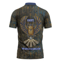 Khepri Ancient Egyptian Zipper Polo Shirt Dark Hieroglyphic, Blue Lotus Eye Symbol, and Winged Scarab Resurrection - Wonder Print Shop