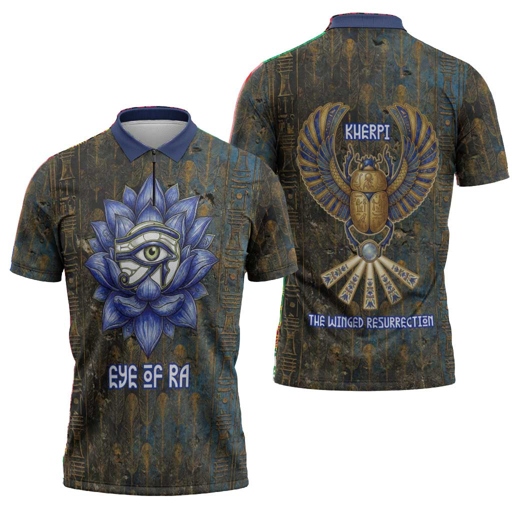 Khepri Ancient Egyptian Zipper Polo Shirt Dark Hieroglyphic, Blue Lotus Eye Symbol, and Winged Scarab Resurrection - Wonder Print Shop