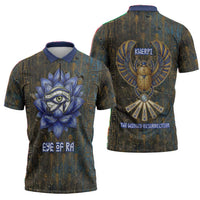 Khepri Ancient Egyptian Zipper Polo Shirt Dark Hieroglyphic, Blue Lotus Eye Symbol, and Winged Scarab Resurrection - Wonder Print Shop
