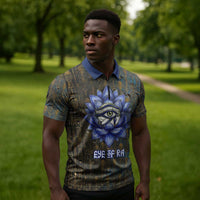 Khepri Ancient Egyptian Zipper Polo Shirt Dark Hieroglyphic, Blue Lotus Eye Symbol, and Winged Scarab Resurrection - Wonder Print Shop