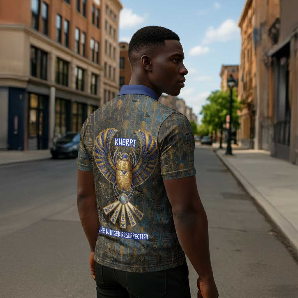 Khepri Ancient Egyptian Zipper Polo Shirt Dark Hieroglyphic, Blue Lotus Eye Symbol, and Winged Scarab Resurrection - Wonder Print Shop