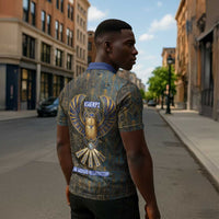 Khepri Ancient Egyptian Zipper Polo Shirt Dark Hieroglyphic, Blue Lotus Eye Symbol, and Winged Scarab Resurrection - Wonder Print Shop